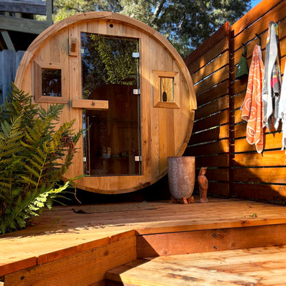 Barrel Outdoor Sauna - 6 Person w/ Harvia KIP 8kW Heater by Redwood Outdoors