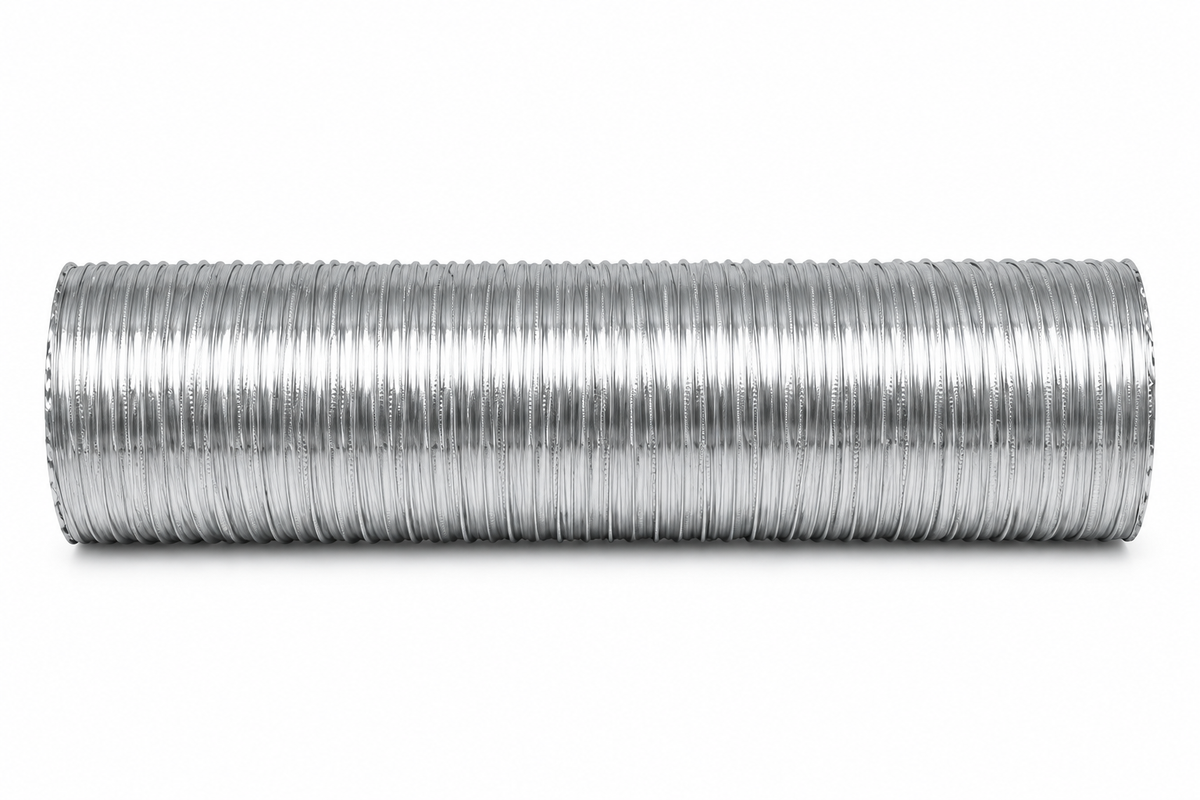 side view of stainless steel Duravent FasNSeal Flex Pipe for gas vent system. Made from super-ferritic stainless steel. Corrosion resistant. Manufactured with a sure-seal locking seam for superior strength and flexibility, FasNSeal® Flex is for use with natural gas or propane Categories II, III and IV appliances or Canada’s Type BH Gas Vent Systems, having a maximum rated operating temperature of 480°F.