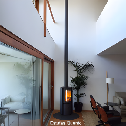 Stuv 30C Wood burning Fireplace standing with black Flower Vase in a Modern living room with glass wall 