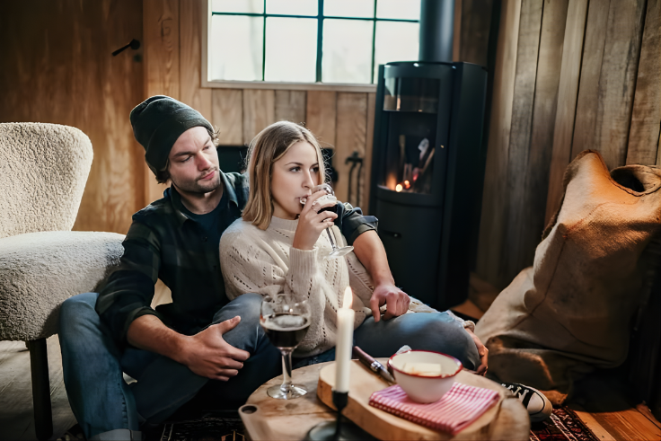 Two people sitting together in a cozy room with Stuv 30C wood burning fireplace in a corner of a wooden cabin, drinking wine and eating.
