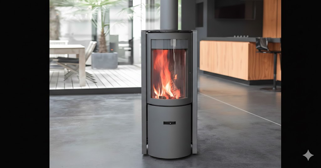 Grey color Stuv 30C Freestanding wood burning stove with visible flame  and chimney connected to the top of the fireplace in  an outdoor setting. Safe to Use Modern Indoor Log burner wood fireplace. 

The best wood-burning stove for the money is the STUV 30C. With its high-quality steel construction and wide range BTU heat Output  