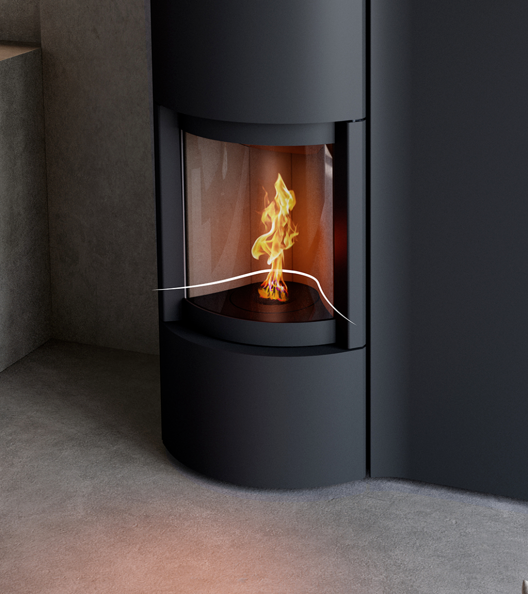 Black Cylindrical SP-20B Modern Indoor Pellet Stove with Glass Fire screen and a visible pellet burning flame. High-efficiency, autonomous, Ultra quiet smart control Home heating luxury pellet fireplace. Eco-Friendly Fireplace, Freestanding pellet stove. This pellet stove is similar to Aduro by Osburn H1 Hybrid Wood/Pellet Stove SF00401, ComfortBilt 2200-sq ft Pellet stove with 47-lb Hopper, Dielle Grecale 70 Pellet Stove - Pearl White Steel With Magic Black Glass Front, Freedom Stoves Pellet Stove.