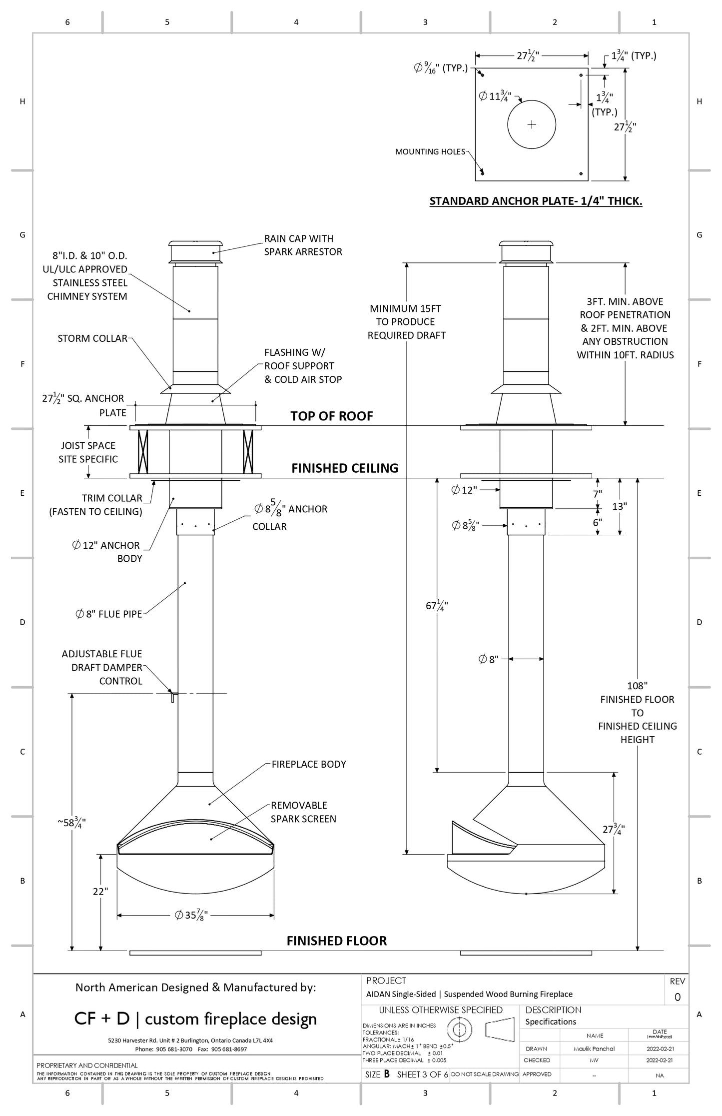 Modern Floating Fireplace- 36" VITA AIDAN Single Sided & See Through Wood Burning/Vapor-Fire