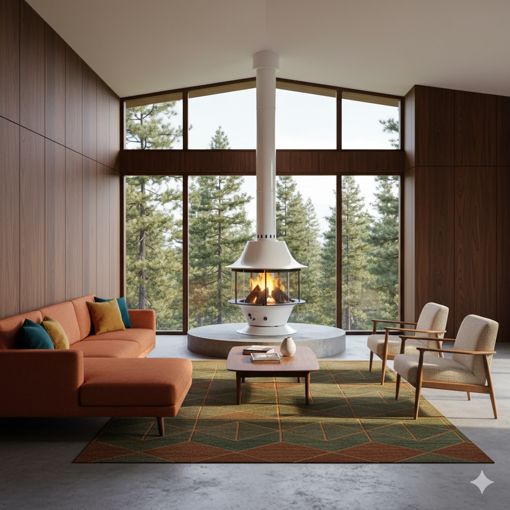 Malm Spin-A-Fire modern mid-century fireplace by Smokey Mountain Fireplaces in Bend Oregon. 360-degree rotating wood-burning stove with clean-burning design and premium craftsmanship. Compare to Focus, Stûv, and Don Bar modern fireplaces for architectural homes.