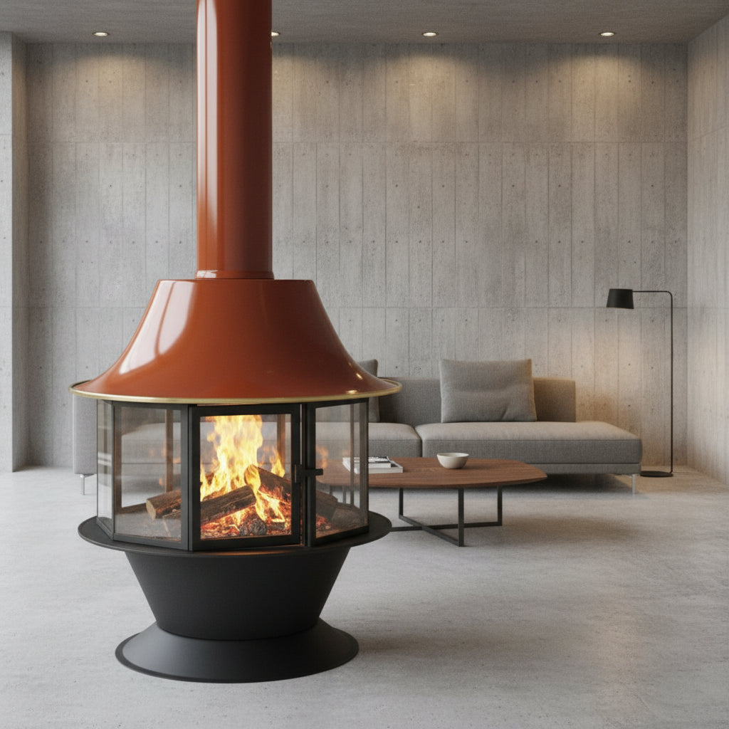 Matte black Malm Spin a Fire freestanding conical wood stove rotating 360 degrees in a modern living room.
 360 degree pWith this Spin a Fire by Malm 360 Viewing Area is easily accomplished. you can now see all angles of your fire with this wide angle fireplace. This indoor fireplace you can see from every angle in the center of your home. Mid Century Modern Design with a brand new shine. this is a custom color- you can choose whatever color fireplace you want. Modern Fireplaces made just for you.