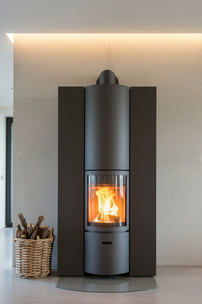 Modern fireplace with a basket of wood on a red and gray wall STUV Modern MCM Fireplace Cylender fireplace Modern floating fireplace with steel plate for low clearance zero clearance fireplace background
