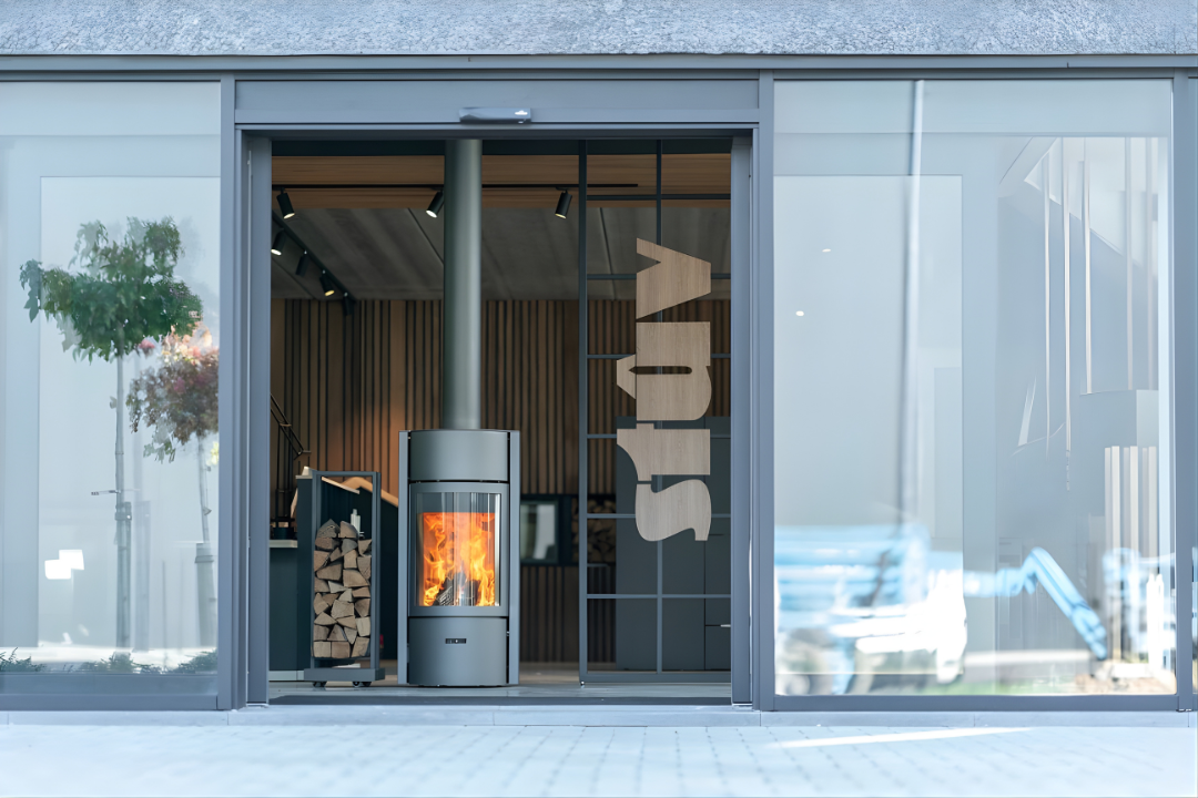 Outdoor display of Grey STUV 30C Freestanding Indoor highlly efficient 360 degree rotating wood burning stove with visible log burning flame from the stove and a log rack beside the fireplace
Premium and compact Indoor log burner fireplace with high-quality steel construction, Multi-Use Function and wide range BTU heat Output. 
Reduce your carbon footprint with Stuv 30C wood stove from Smokey Mountain Fireplace, Eco-friendly and Best for the money fireplace.