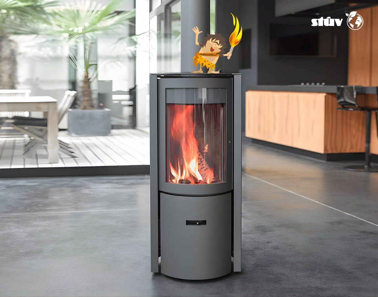 Modern fireplace feature STUV 30C  with flames inside, placed in a living room setting.