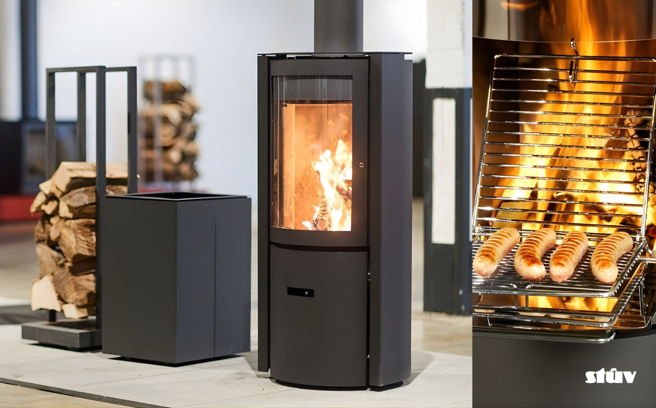 Freestanding Modern Wood burning stove with visible burning flame and the fireplace accessories beside the wood stove. Safe to use Indoor log burner Fireplace with an 
open fire grill function for BBQ, 
The best wood-burning stove for the money is the STUV 30C. With its high-quality steel construction, Multi-Use Function and wide range BTU heat Output 