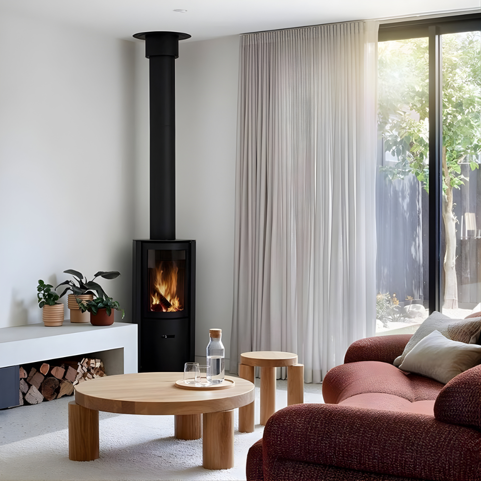 matte Black Stuv 30C wood burning stove in a corner of a white painted Modern living room with a sofa, and coffee table and a view of serene outdoor. Product Title: Stûv 30-Compact | High-Efficiency Wood Burning Stove | Japandi Design

Meta Description: Elevate your home with the Stûv 30-C. A carbon-neutral, high-efficiency fireplace insert for 2026. Featuring 360° rotation and a minimalist Japandi aesthetic.

URL Handle: /products/stuv-30-compact-wood-burning-stove-japandi