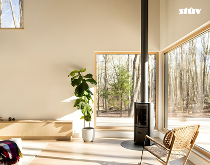 Grey Stuv 30C wood burning stove Positioned in a corner of a modern living room with three large Glass openings and a white flower vase  beside the Stuv 30C wood stove and a weaved chair. Log Burner wood Fireplace with long chimney on the fireplace that is connected to the roof.
The best wood-burning stove for the money is the STUV 30C. With its high-quality steel construction, Multi-Use Function and wide range BTU heat Output, suitable for residence and commercial use
