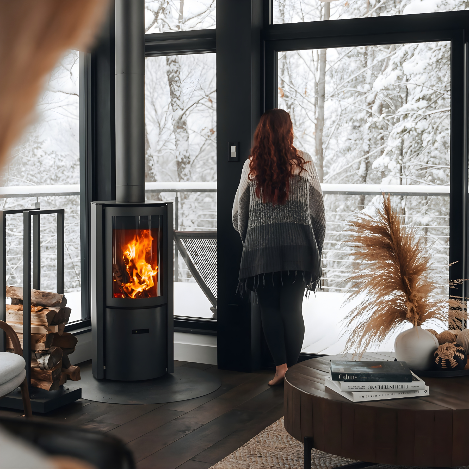 Woman standing by Stuv 30C Freestanding Indoor wood burning stove with a large log rack beside the stove in a Modern room with large windows. Top rated Log burner Fireplace with chimney connected to the top of fireplace.

The best wood-burning stove for the money is the STUV 30C. With its high-quality steel construction and wide range BTU heat Output perfect for cozy day.