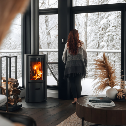 Woman standing by Stuv 30C Freestanding Indoor wood burning stove with a large log rack beside the stove in a Modern room with large windows. Top rated Log burner Fireplace with chimney connected to the top of fireplace.

The best wood-burning stove for the money is the STUV 30C. With its high-quality steel construction and wide range BTU heat Output perfect for cozy day.