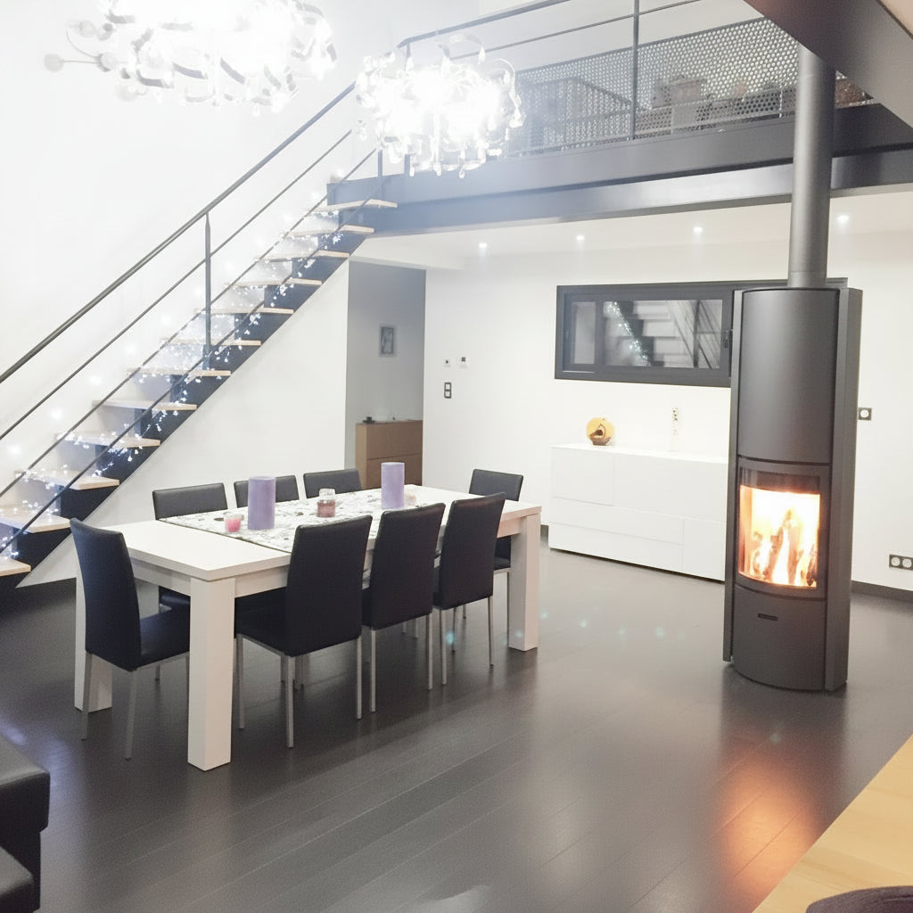 Modern fireplace with a basket of wood on a red and gray wall STUV Modern MCM Fireplace Cylender fireplace Modern floating fireplace with steel plate for low clearance zero clearance fireplace background
