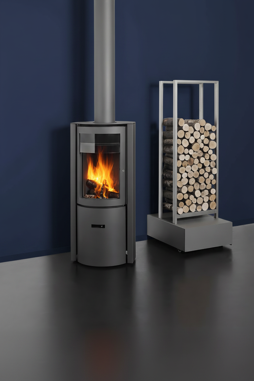 Modern wood stove with fire burning inside, next to a metal log holder filled with stacked logs on a white wall background. Modern room with large windows, wooden floor, and a freestanding stove. Modern cabin Modern fireplace with a basket of wood on a red and gray wall STUV Modern MCM Fireplace Cylinder fireplace Modern floating fireplace with steel plate for low clearance zero clearance fireplace background Flue Pipe Dura-vent