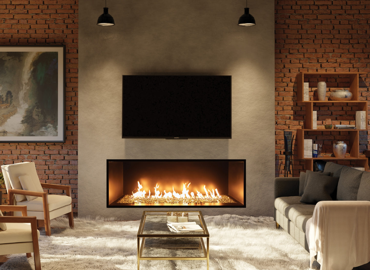 48" Summit Linear Contemporary Gas Fireplace in Modern living room.