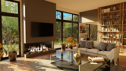 48" Summit Linear Traditional log Gas Glass Fireplace in Modern living room.