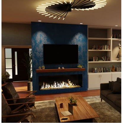 48" Summit Linear Traditional log Gas Glass Fireplace in Modern living room.