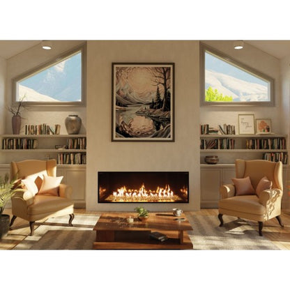 48" Summit Linear Traditional log Gas Glass Fireplace in Modern living room.