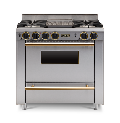 36" Stainless Steel All-Gas Range with Four Open Burners with large Oven and Brass trim
