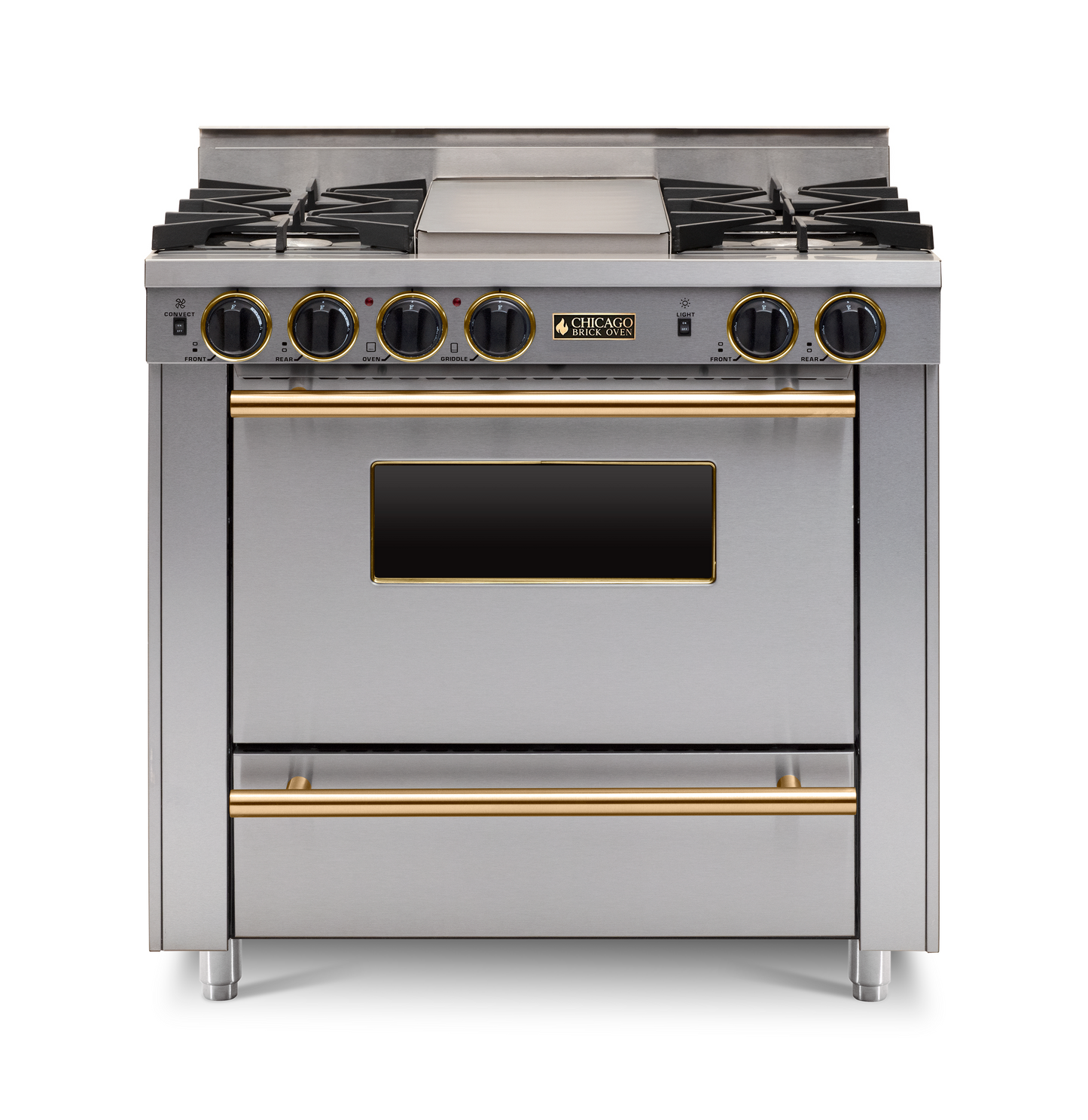 36" Stainless Steel All-Gas Range with Four Open Burners with large Oven and Brass trim