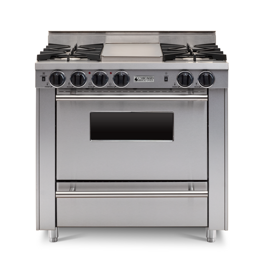 36" Stainless Steel All-Gas Range with Four Open Burners with large Oven and Stainless trim