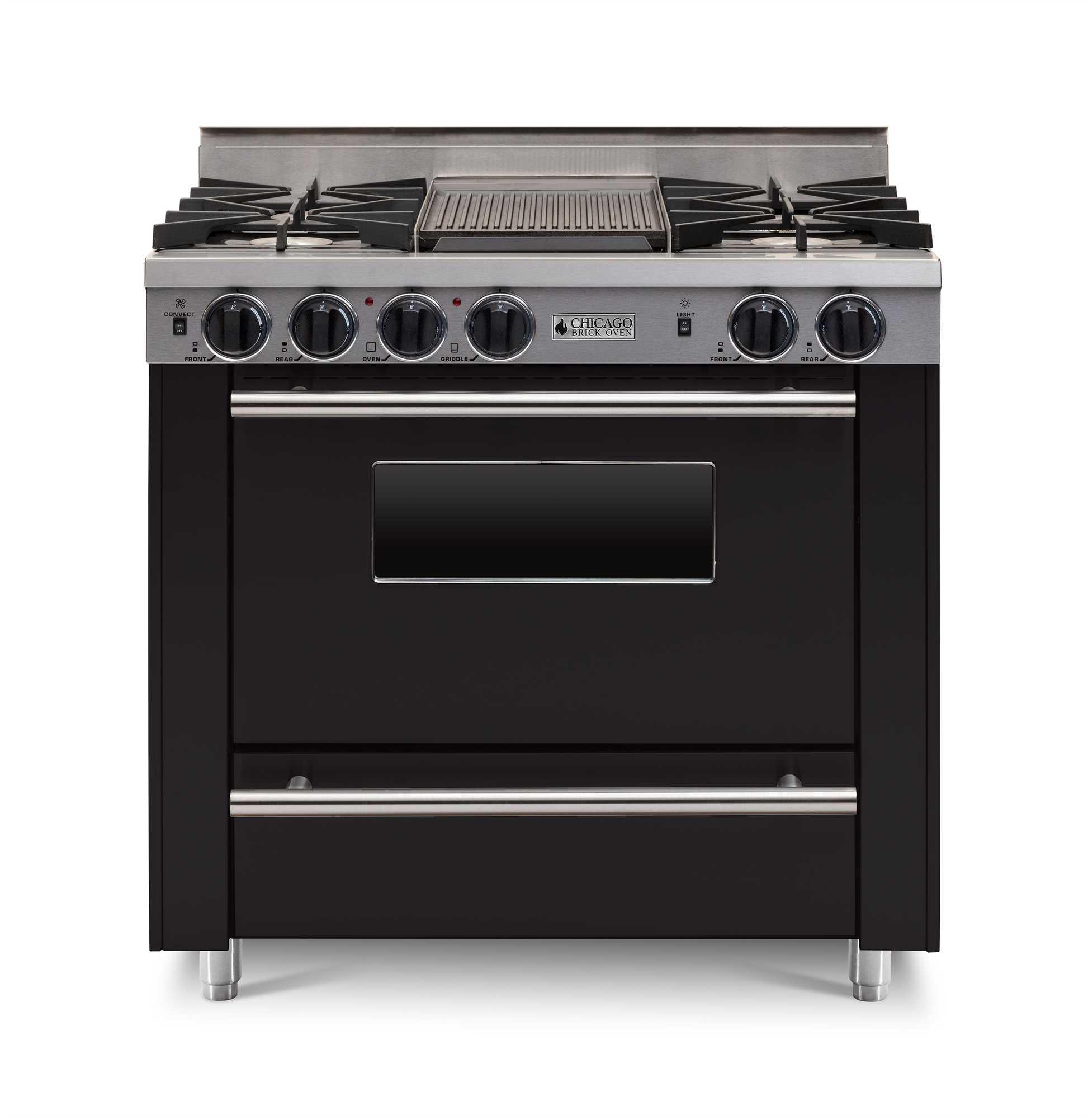 36" Black All-Gas Range with Four Open Burners with large Oven and Stainless steel trim