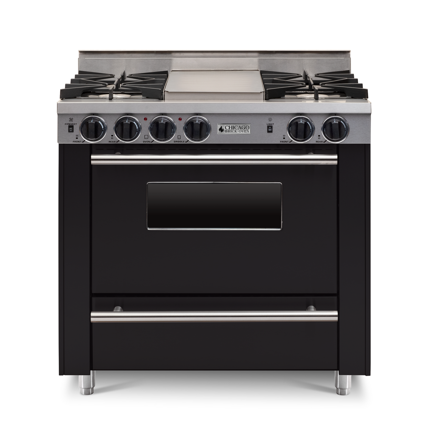 36" Black All-Gas Range with Four Open Burners with large Oven and Stainless trim