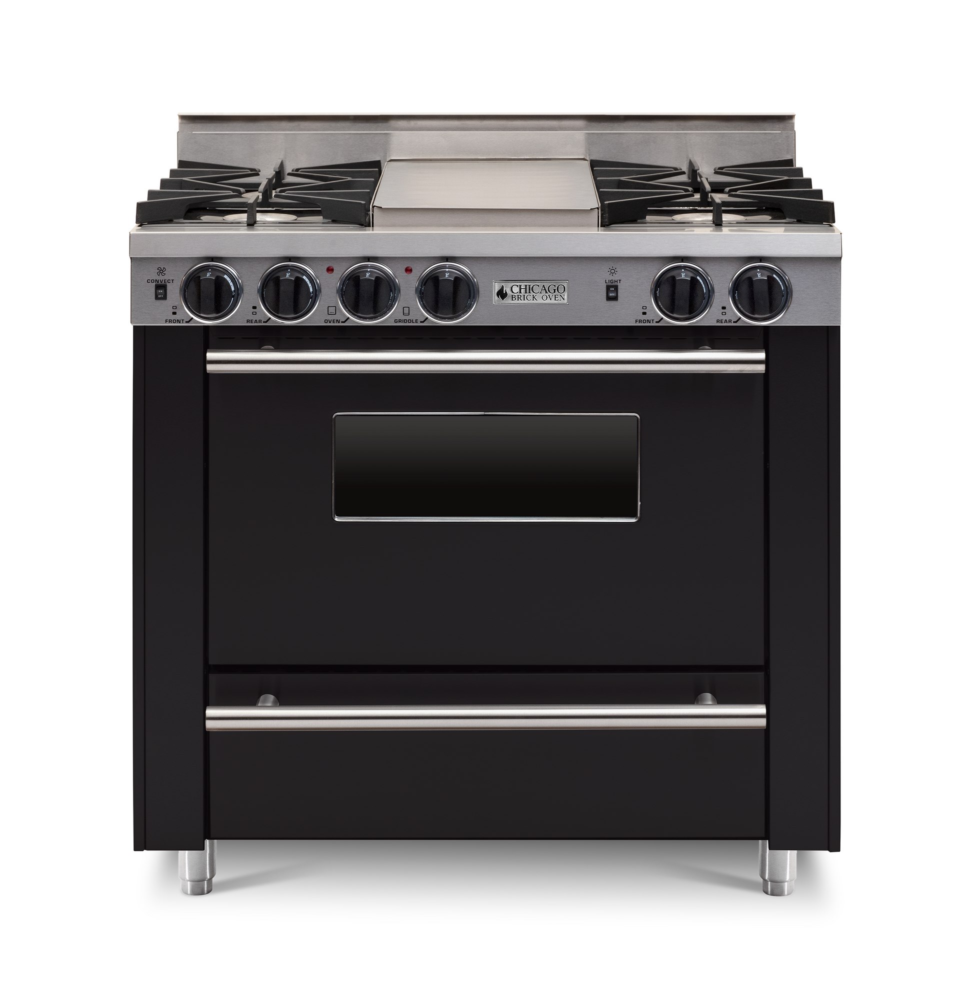 36" Black All-Gas Range with Four Open Burners with large Oven and Stainless trim