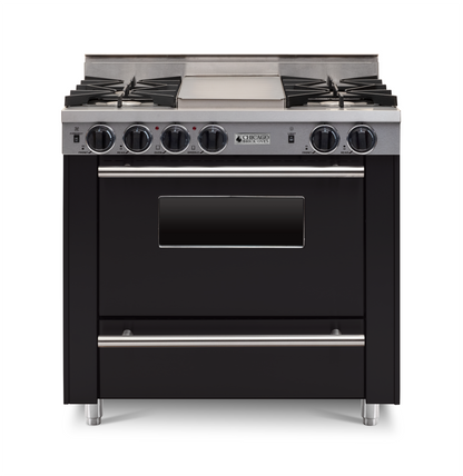 36" Black All-Gas Range with Four Open Burners with large Oven and Stainless trim