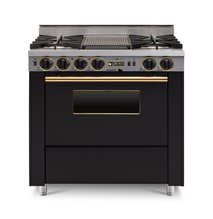 Black 36” LP Gas Dual-Fuel Self-Cleaning Convection kitchen Range with four burners and Brass trim 