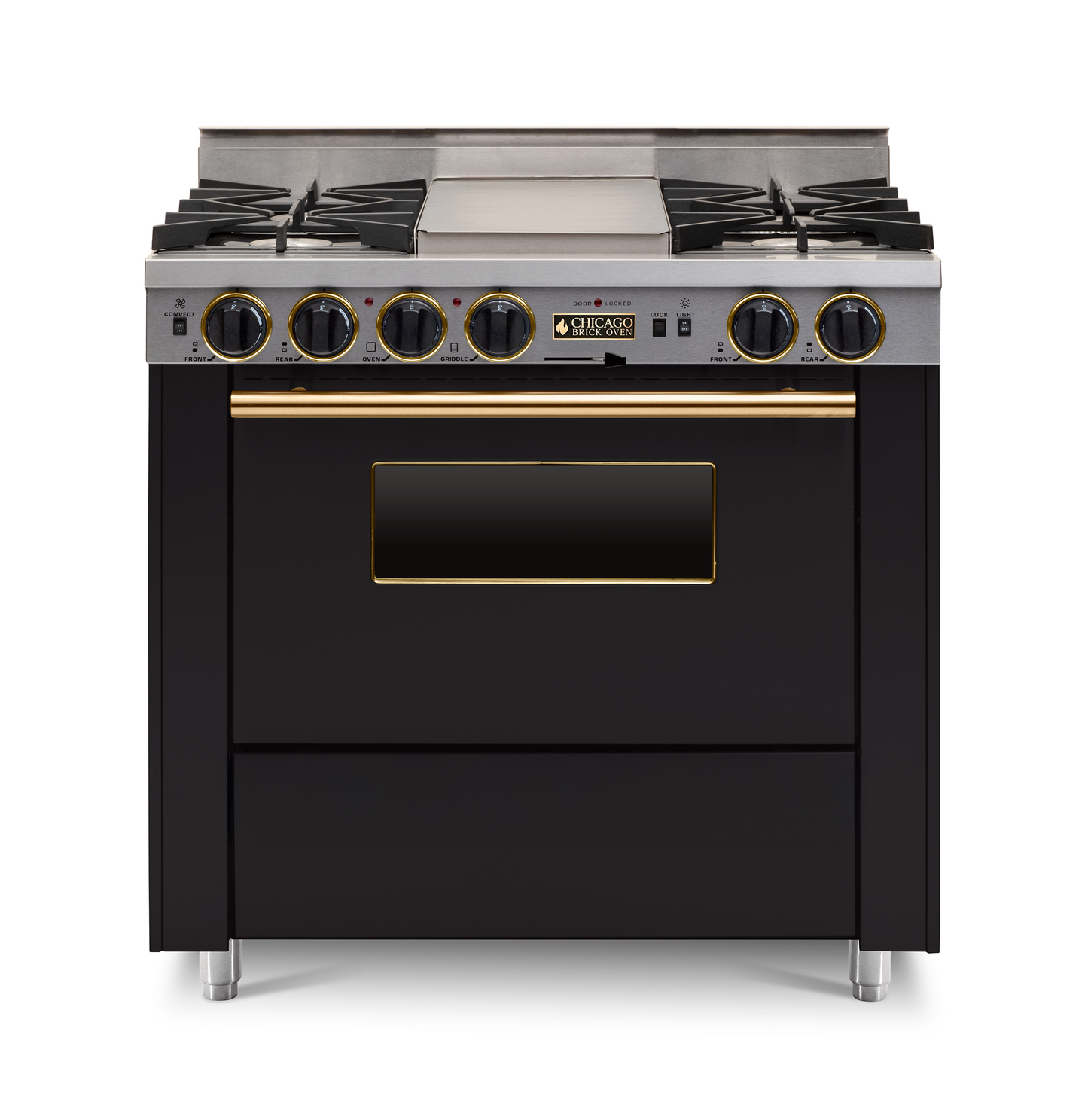 Black 36” LP Gas Dual-Fuel Self-Cleaning Convection kitchen Range with four burners and brass trim 