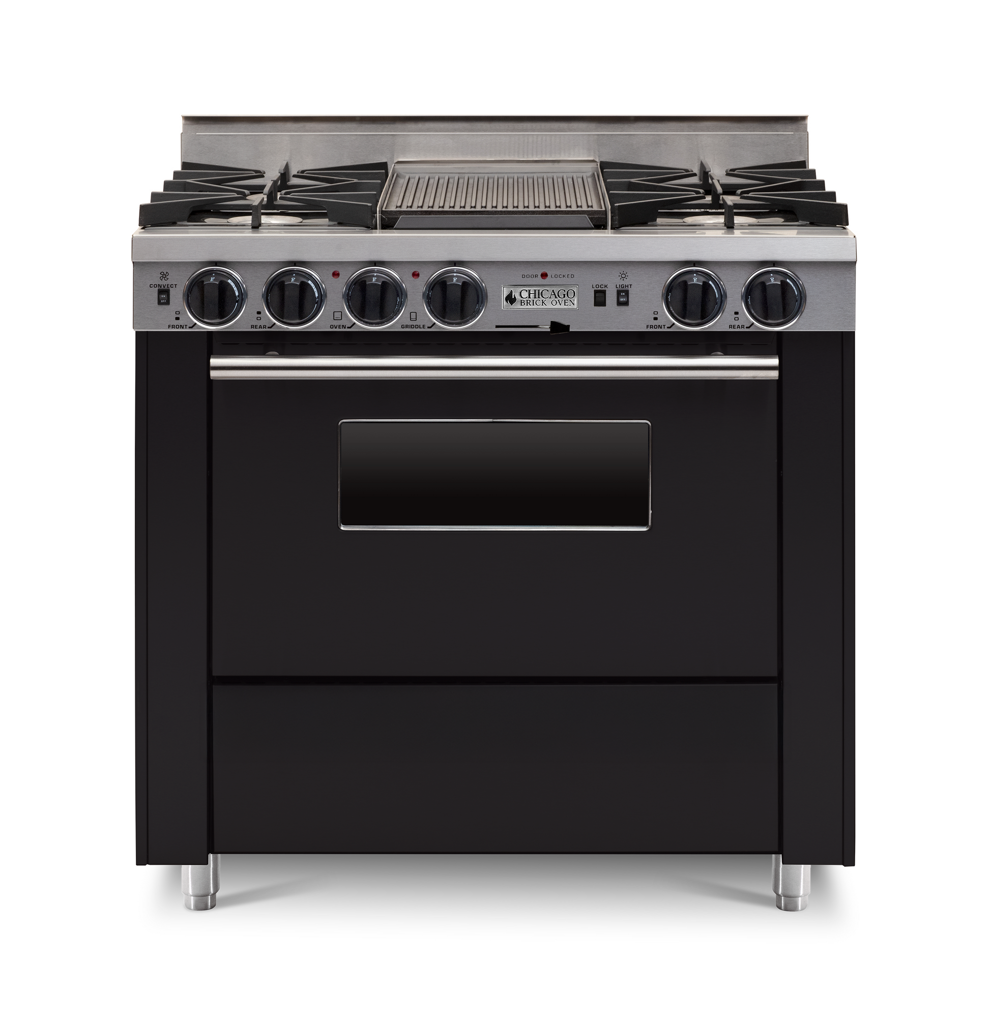 Black 36” LP Gas Dual-Fuel Self-Cleaning Convection kitchen Range with four burners and stainless steel trim 