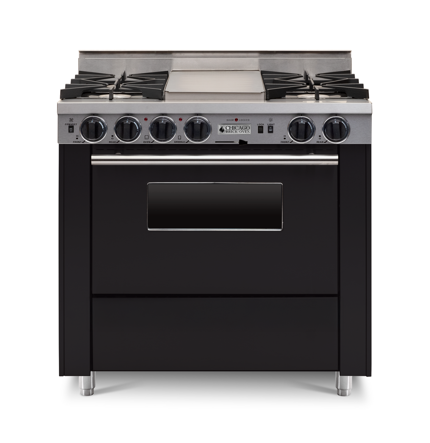 Black 36” LP Gas Dual-Fuel Self-Cleaning Convection kitchen Range with four burners and stainless steel trim 