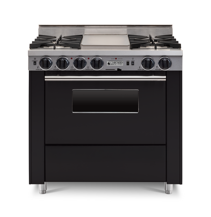 Black 36” LP Gas Dual-Fuel Self-Cleaning Convection kitchen Range with four burners and stainless steel trim 