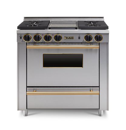36" All-gas Stainless steel CBO kitchen range with four burners and a large oven with Brass trim on a white background