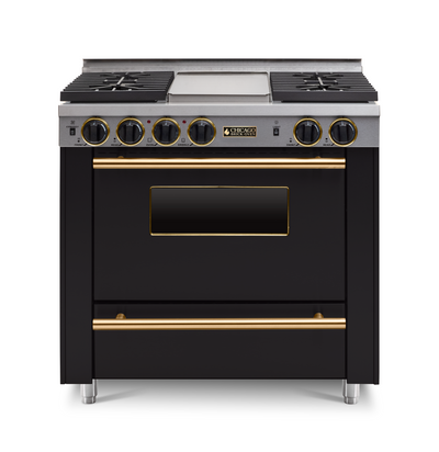 36" Black All-Gas Range with Four Open Burners with large Oven and Brass trim