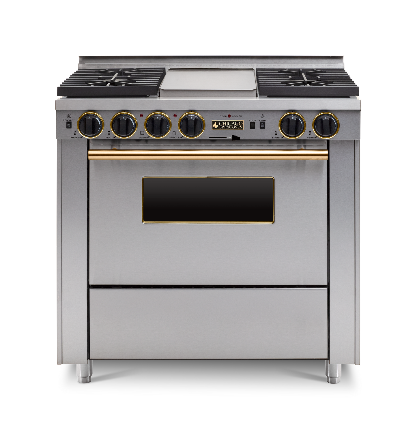 36" Dual-Fuel Self-Cleaning Stainless steel kitchen range with four burners and an oven with brass trim.