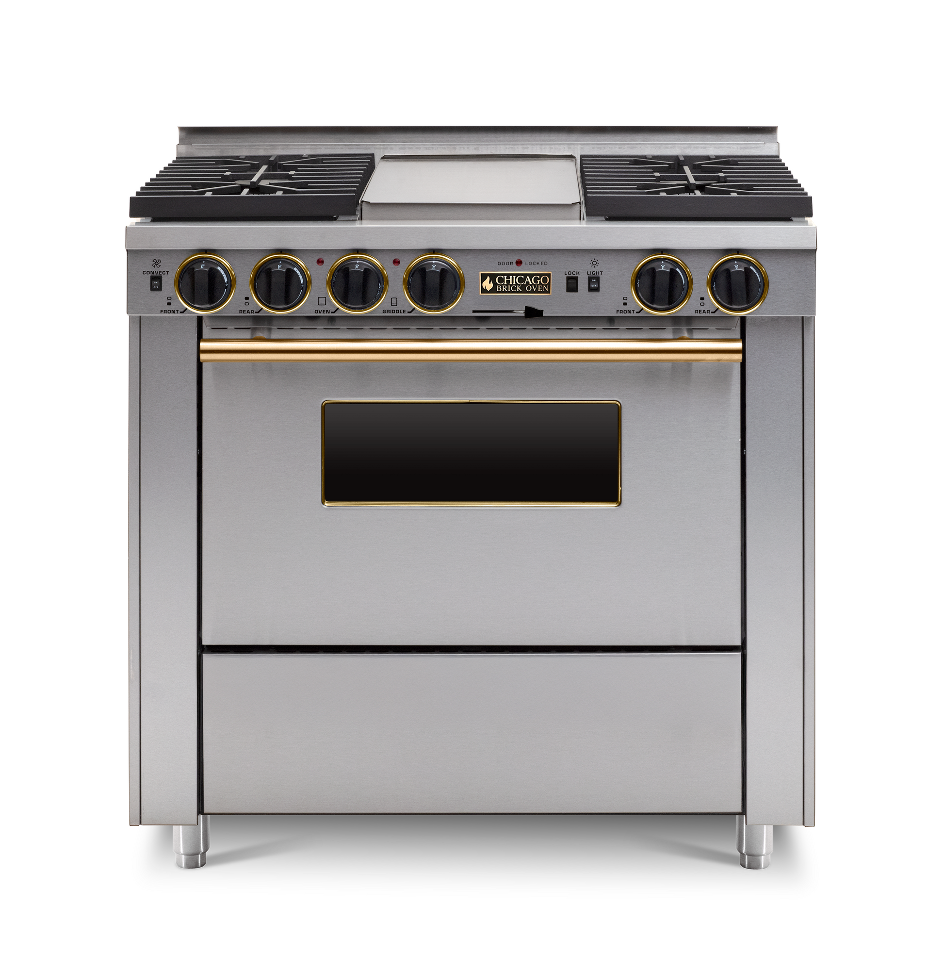 36" Dual-Fuel Self-Cleaning Stainless steel kitchen range with four burners and an oven with brass trim.