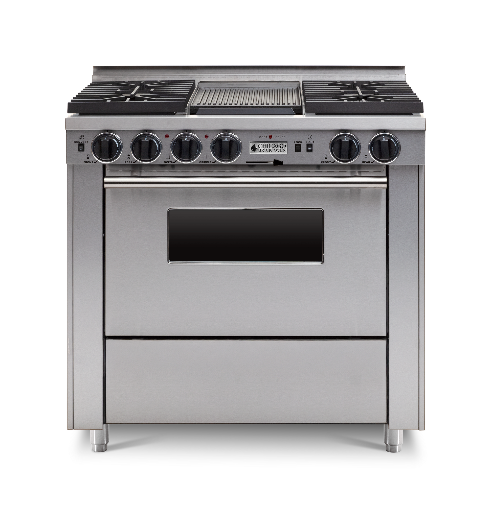36" Dual-Fuel Self-Cleaning Stainless steel kitchen range with four burners and an oven with stainless steel trim.