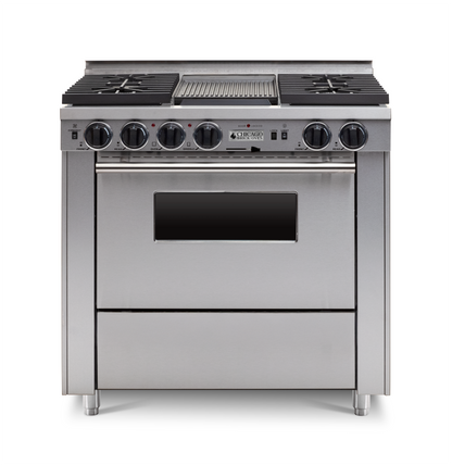 36" Dual-Fuel Self-Cleaning Stainless steel kitchen range with four burners and an oven with stainless steel trim.