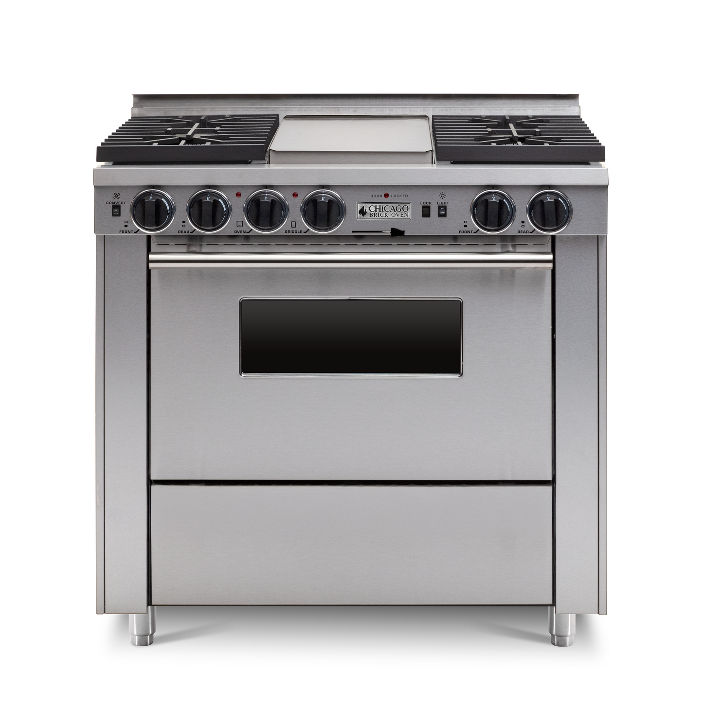 36" Dual-Fuel Self-Cleaning Stainless steel kitchen range with four burners and an oven with stainless steel trim.