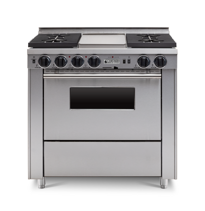 36" Dual-Fuel Self-Cleaning Stainless steel kitchen range with four burners and an oven with stainless steel trim.