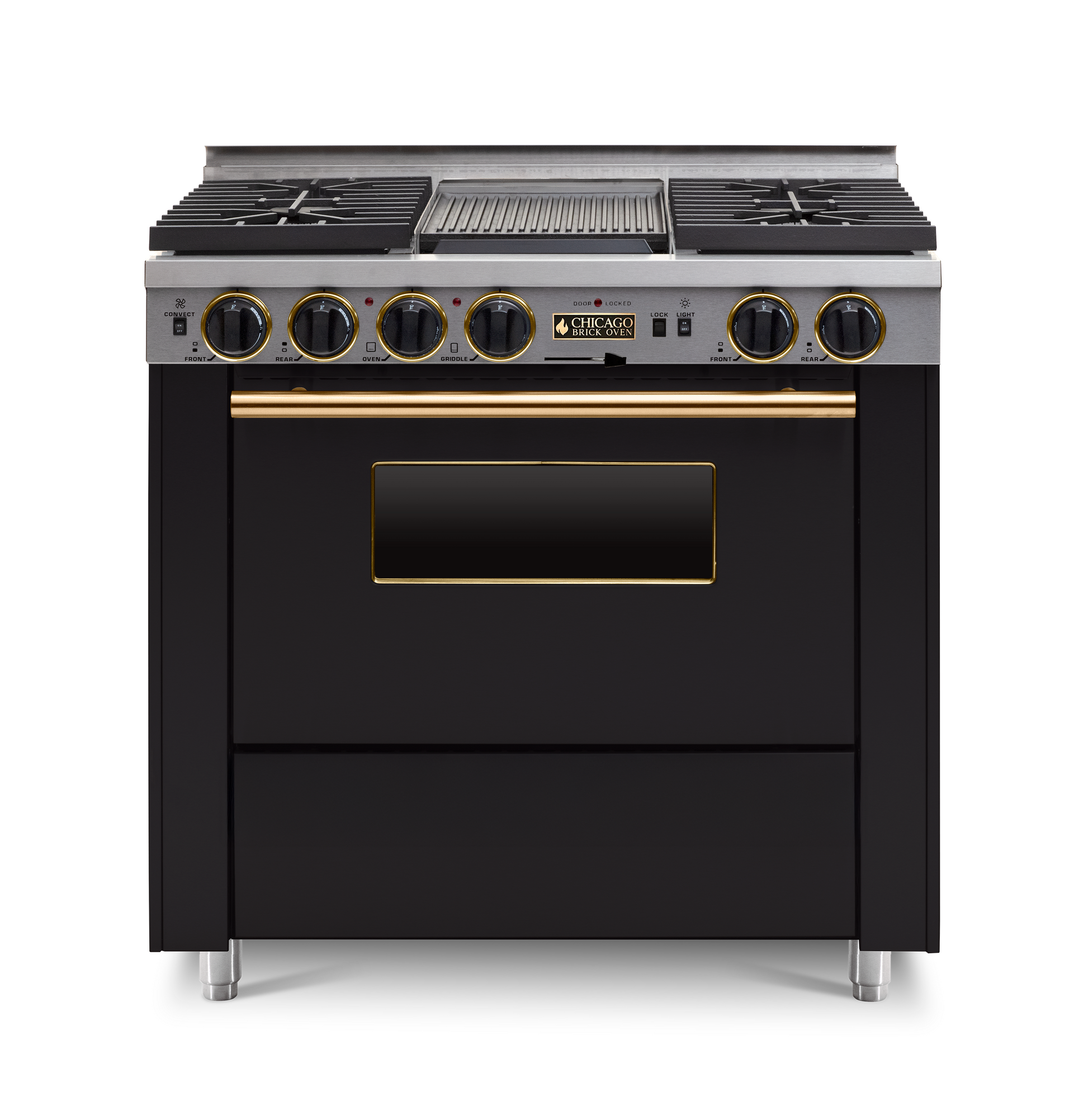 36" Dual-Fuel Self-Cleaning black kitchen range with four burners and an oven with brass trim.