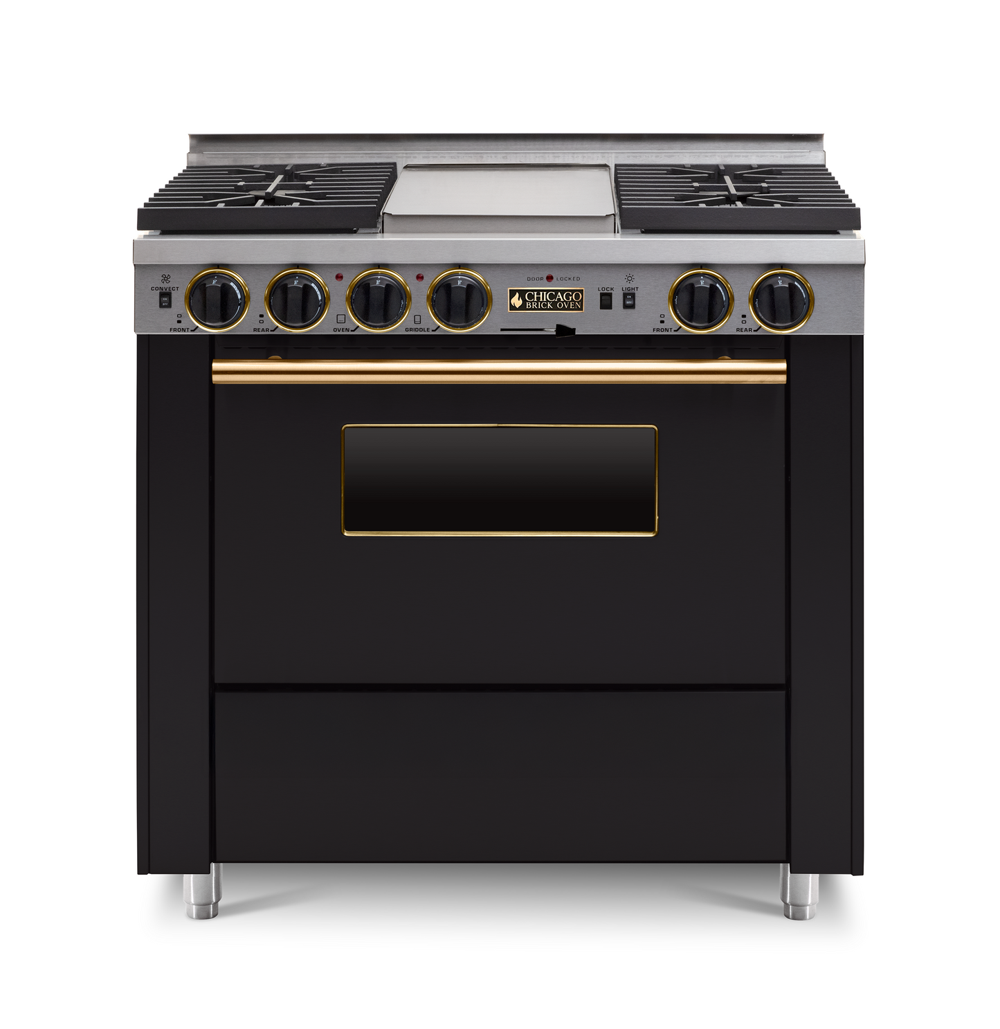 36" Dual-Fuel Self-Cleaning black kitchen range with four burners and an oven with brass trim.
