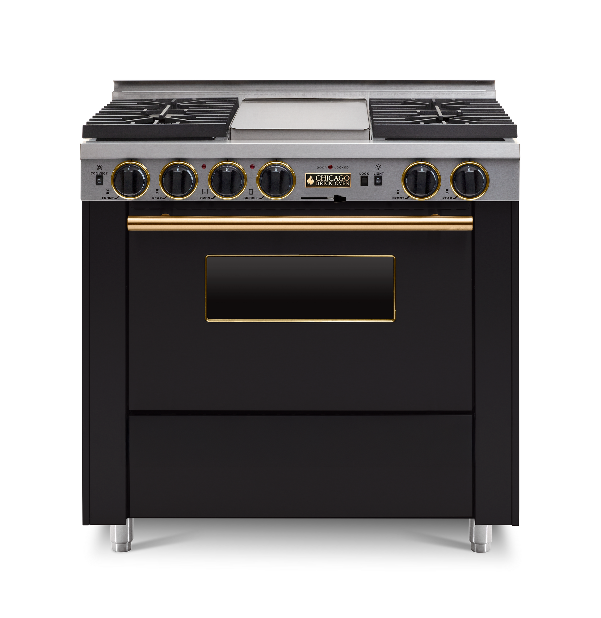 36" Dual-Fuel Self-Cleaning black kitchen range with four burners and an oven with brass trim.