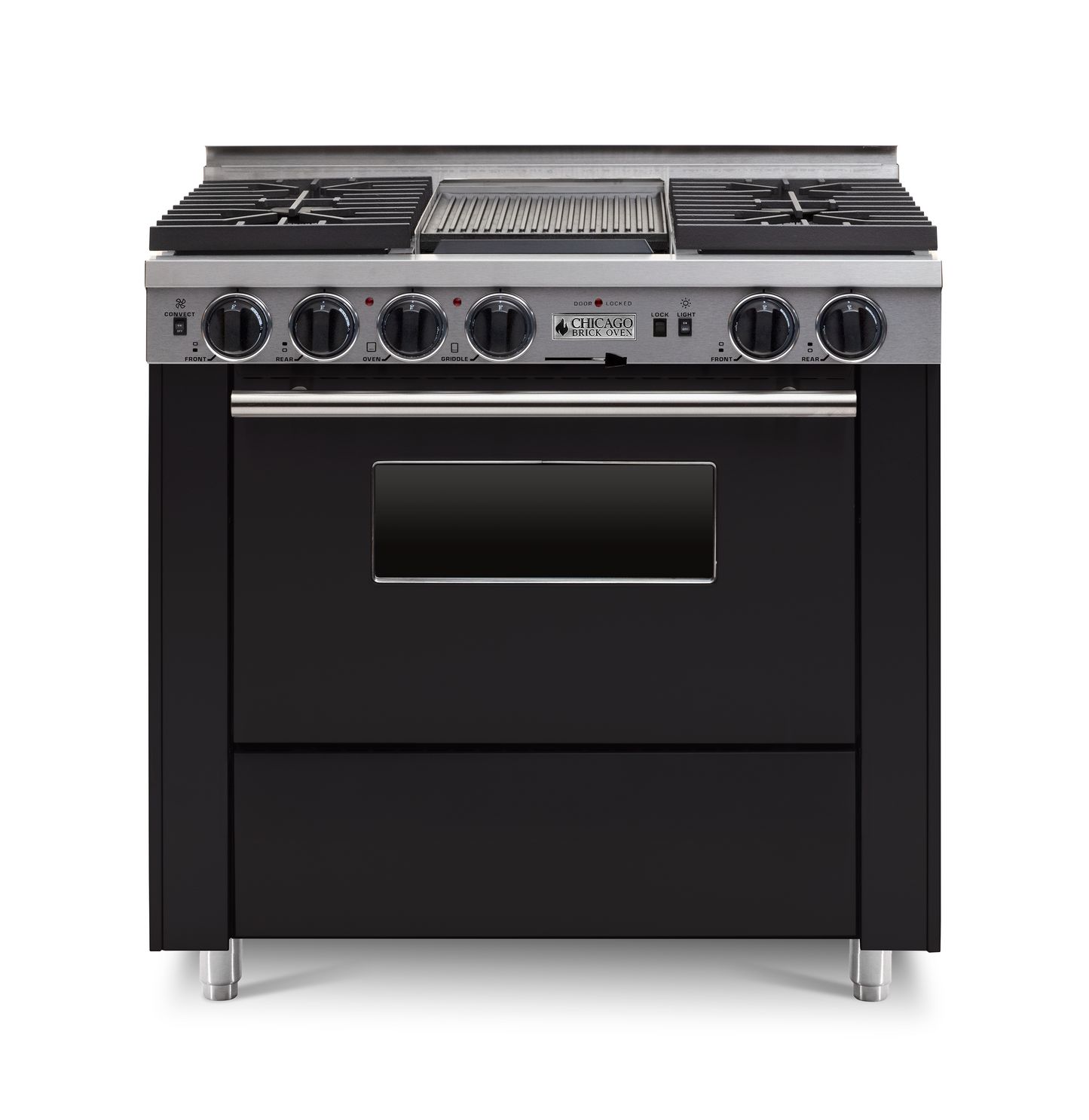 36" Dual-Fuel Self-Cleaning black kitchen range with four burners and an oven with stainless steel trim.