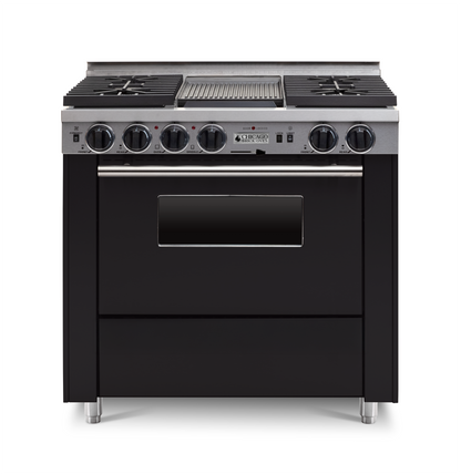 36" Dual-Fuel Self-Cleaning black kitchen range with four burners and an oven with stainless steel trim.