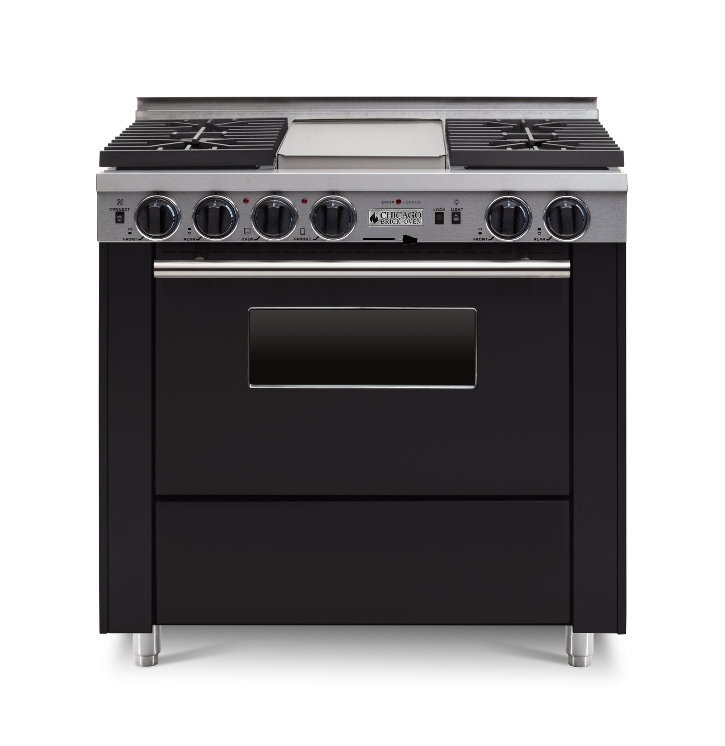 36" Dual-Fuel Self-Cleaning black kitchen range with four burners and an oven with stainless steel trim.