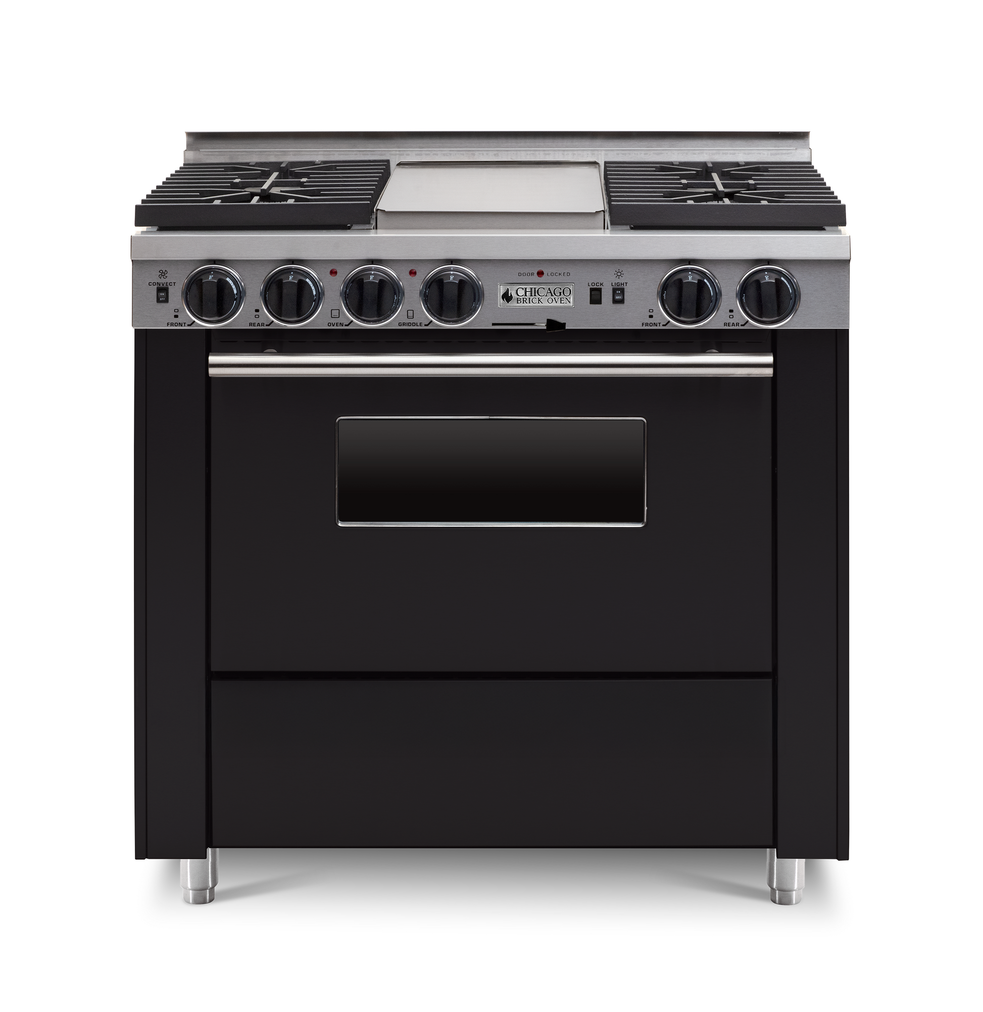 36" Dual-Fuel Self-Cleaning black kitchen range with four burners and an oven with stainless steel trim.